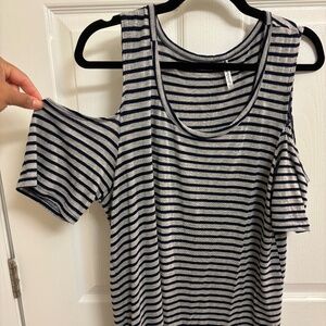 Heather Grey & Navy Blue Striped Cold Shoulder Casual Top